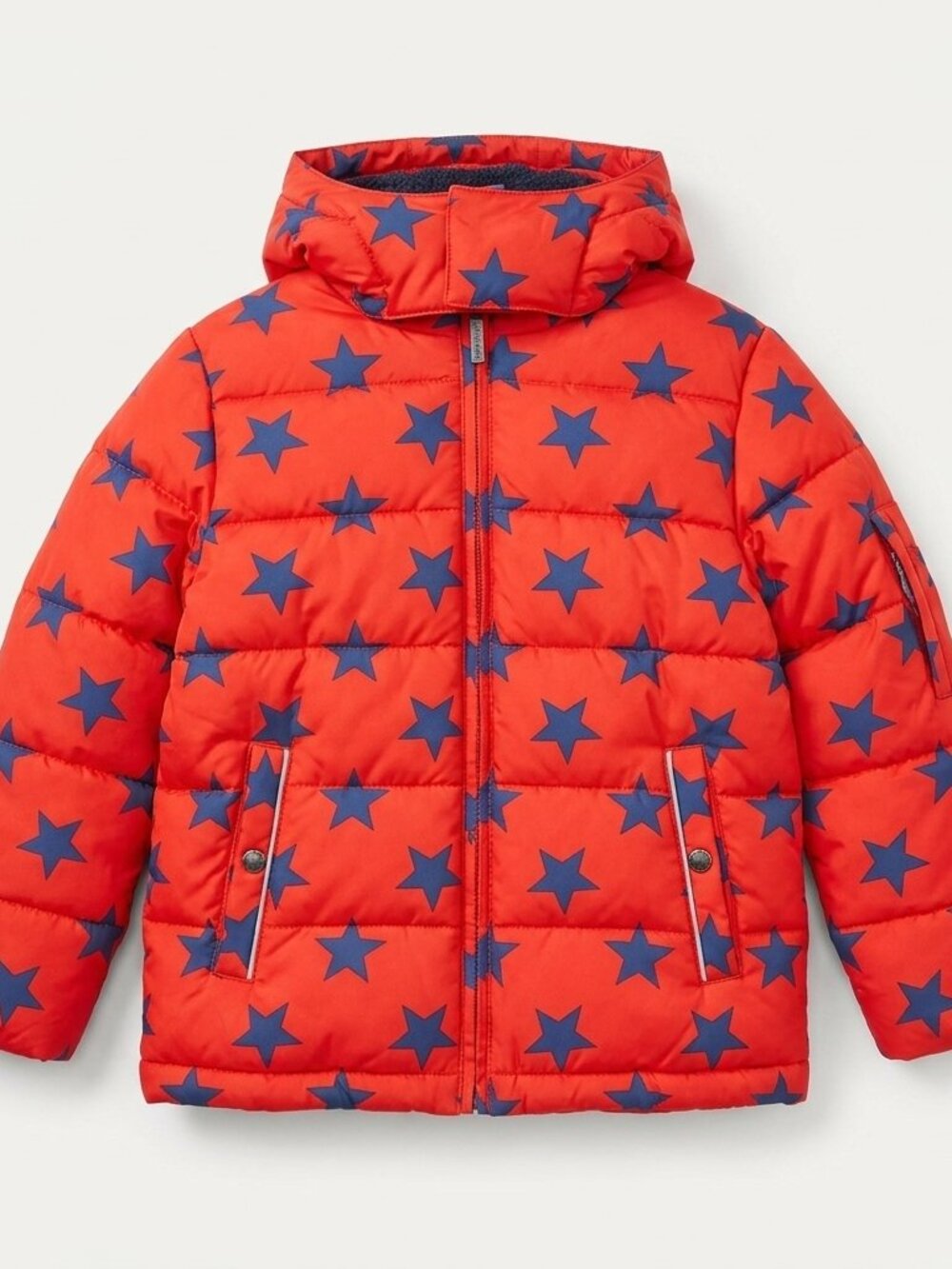 Mini Boden Kids Red Blue Star Print Puffer Winter Jacket Coat Hooded Size 11-12Y